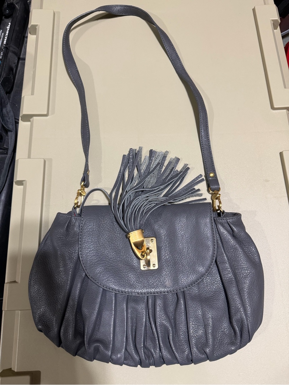 Gray Leather Fringe Crossbody Bag with Gold Hardware